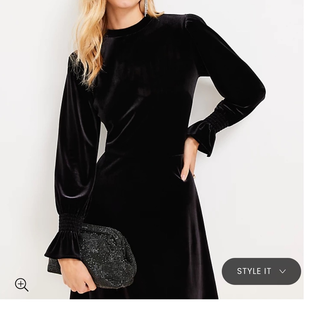 Velvet Smocked Ruffle Cuff Flare Dress Black Size 4 NWT